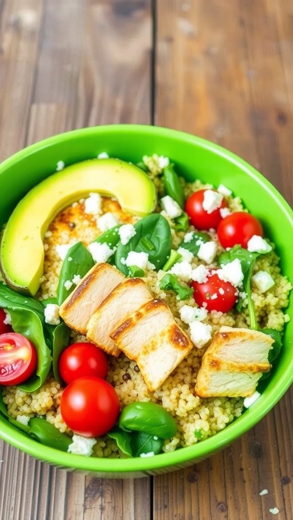 Healthy Green Chicken Quinoa Bowl A healthy green chicken quinoa bowl with quinoa, grilled chicken, spinach, tomatoes, and avocado, garnished with feta cheese.